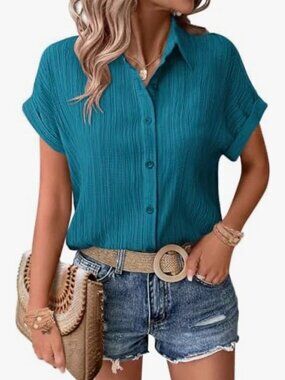 Zeagoo Women's Short Sleeve Crinkled Gauze Button- Down Teal Top ~ Med ~ NWT